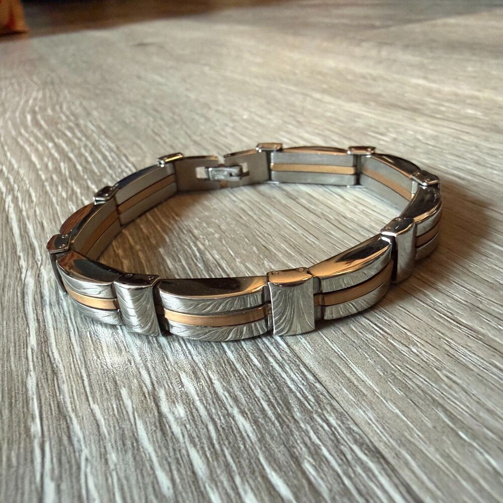 Mens Two Tone Stainless Steel Rose Gold Accent Link Bracelet Foldover Clasp